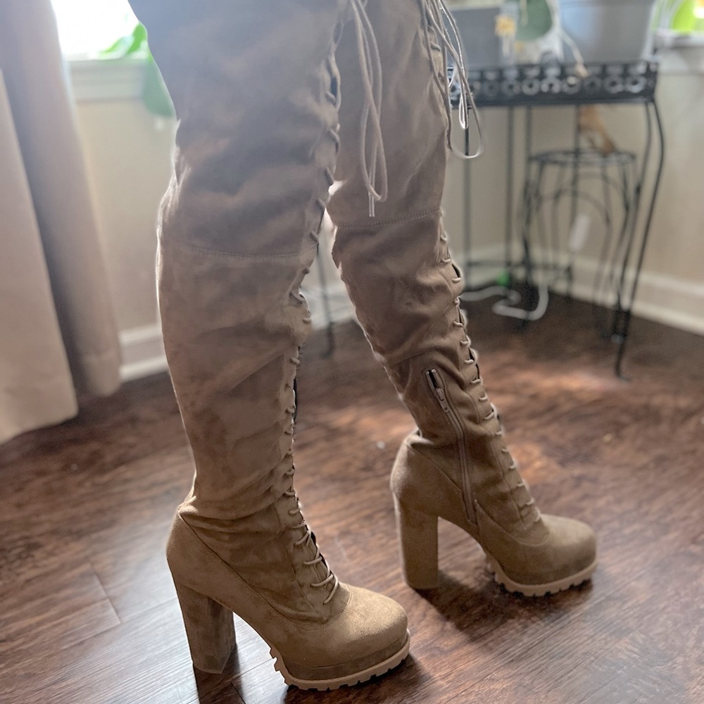 Light Tan Over the knee Lace Up Boots